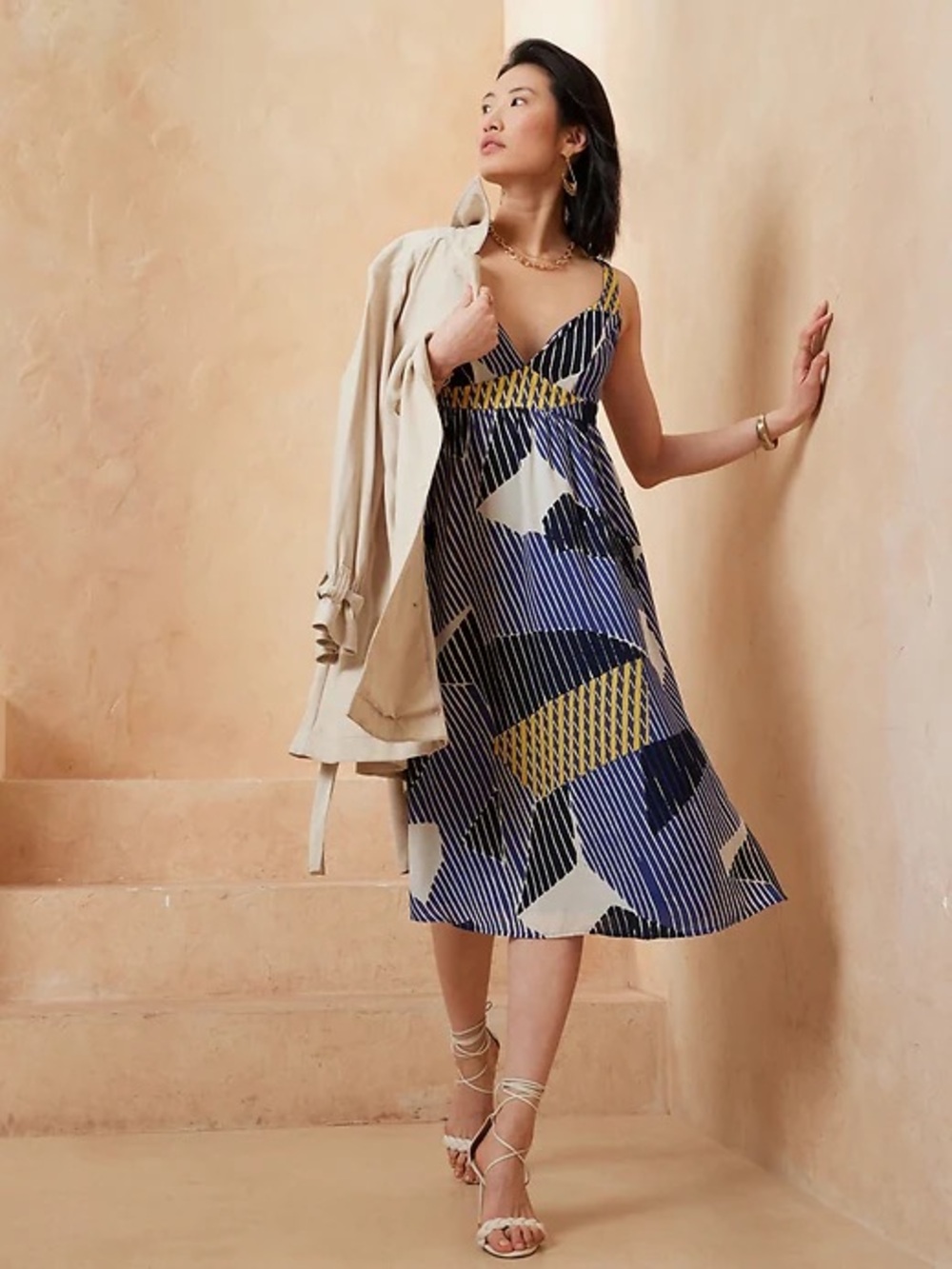 Banana Republic Blue, Navy & White Geometric Midi Dress - Size 14